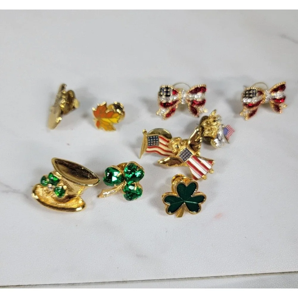 Lot Of Holiday Lapel Hat Pins Enamel Shamrock Flag Leaf Earring‎ Set